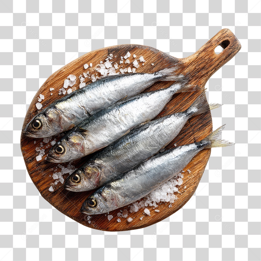 Peixe Sardinha em Tábua de Madeira PNG Transparente