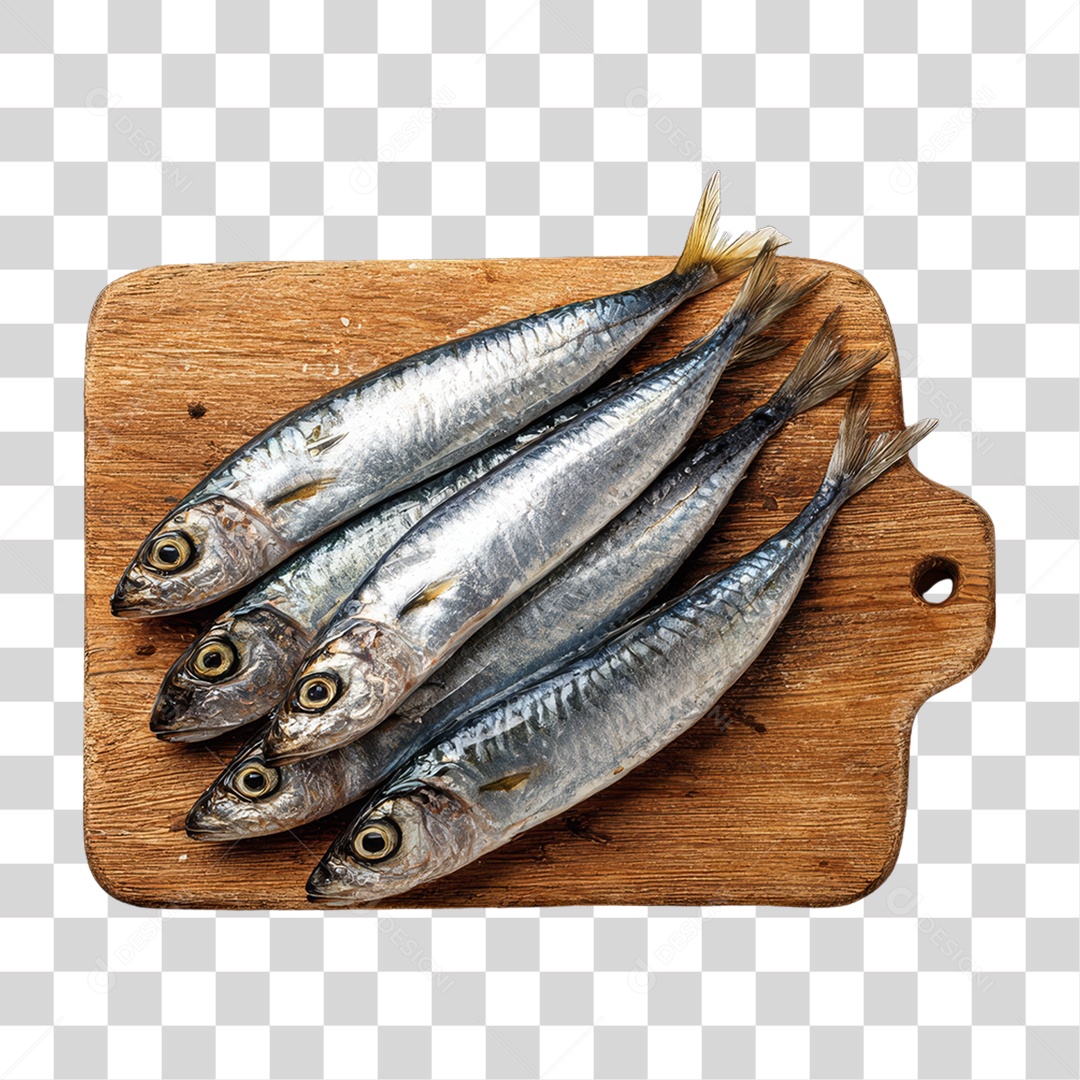 Peixe Sardinha em Tábua de Madeira PNG Transparente