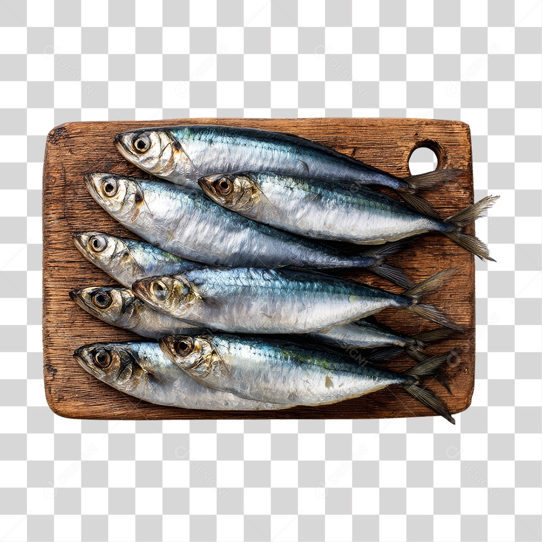 Peixe Sardinha em Tábua de Madeira PNG Transparente