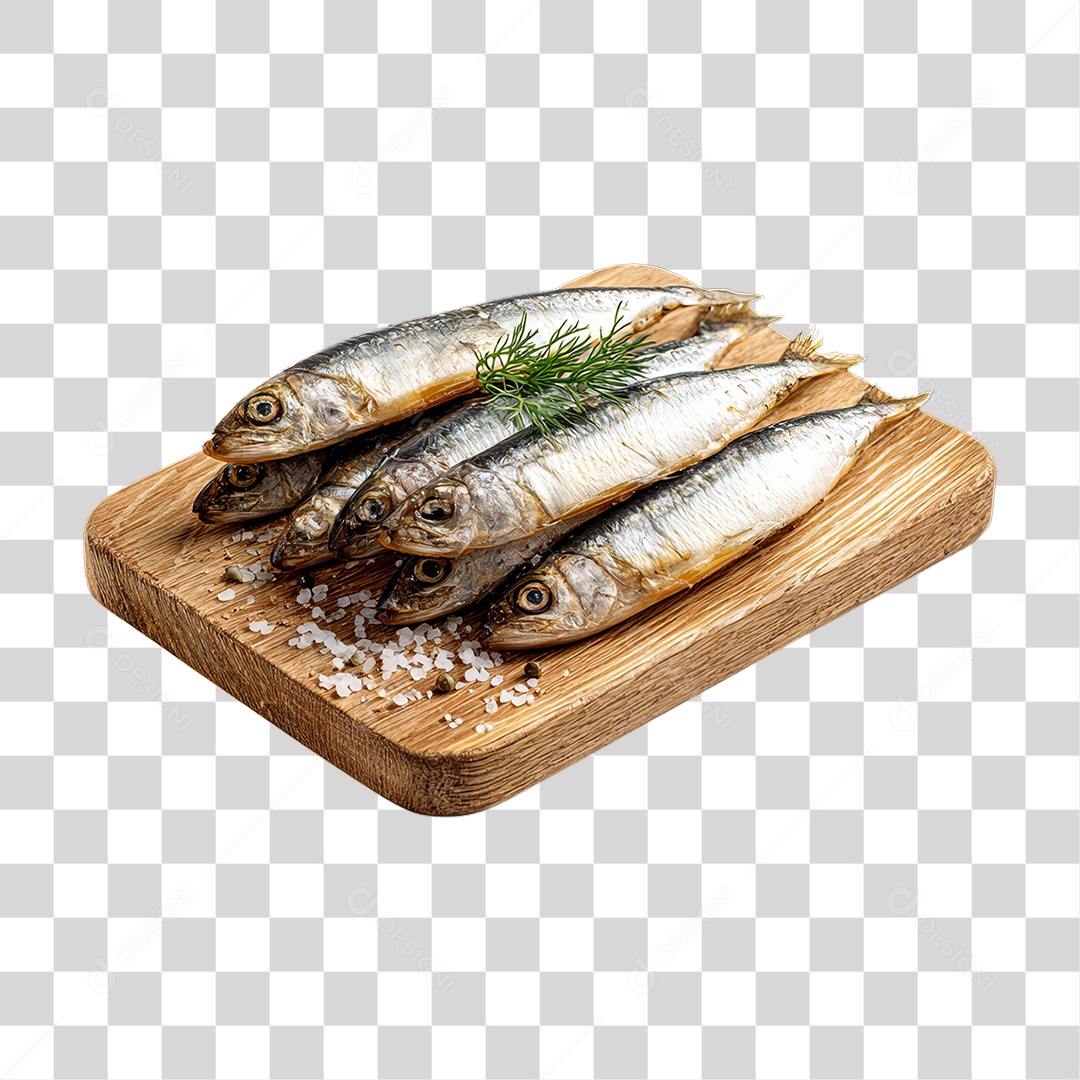 Peixe Sardinha em Tábua de Madeira PNG Transparente