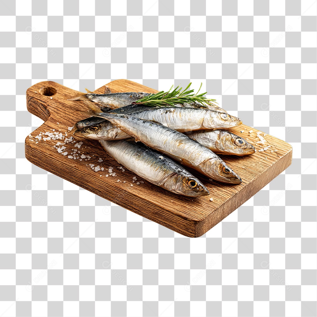 Peixe Sardinha em Tábua de Madeira PNG Transparente