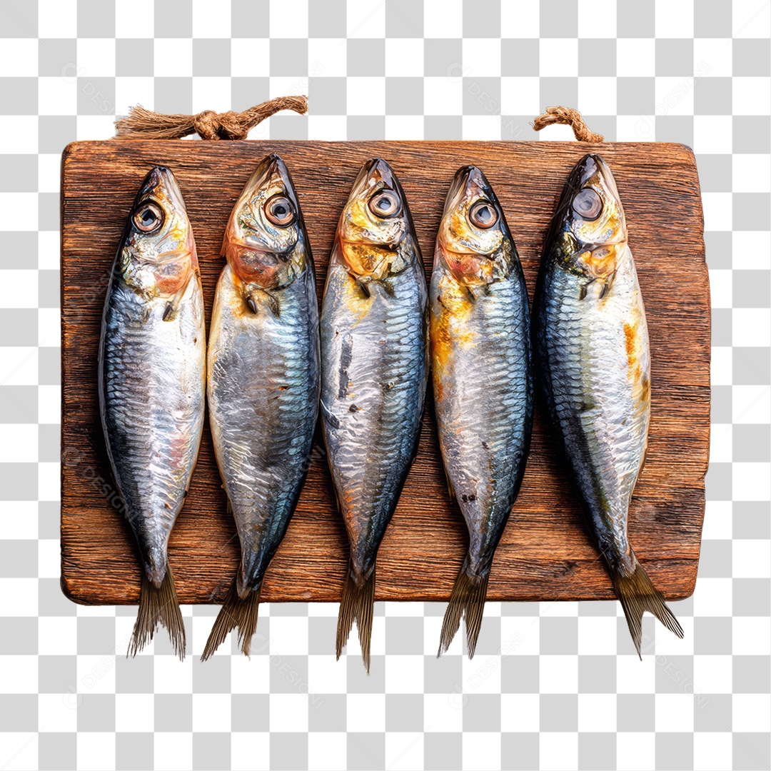 Peixe Sardinha em Tábua de Madeira PNG Transparente