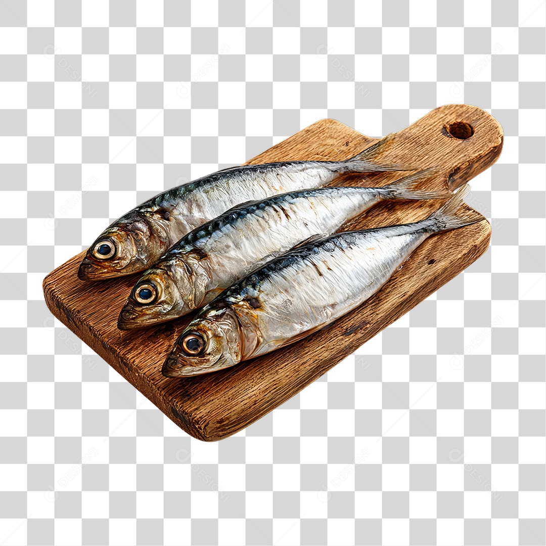 Peixe Sardinha em Tábua de Madeira PNG Transparente