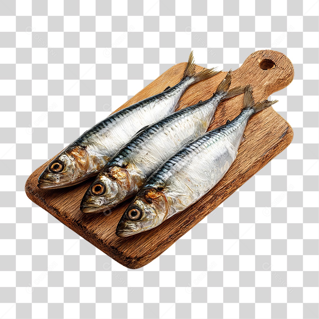 Peixe Sardinha em Tábua de Madeira PNG Transparente