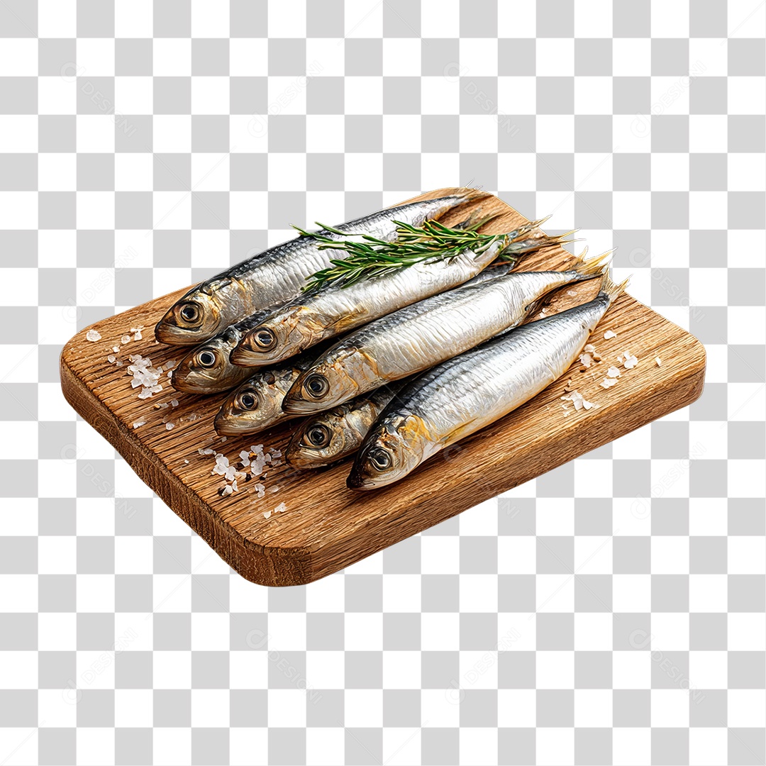 Peixe Sardinha em Tábua de Madeira PNG Transparente