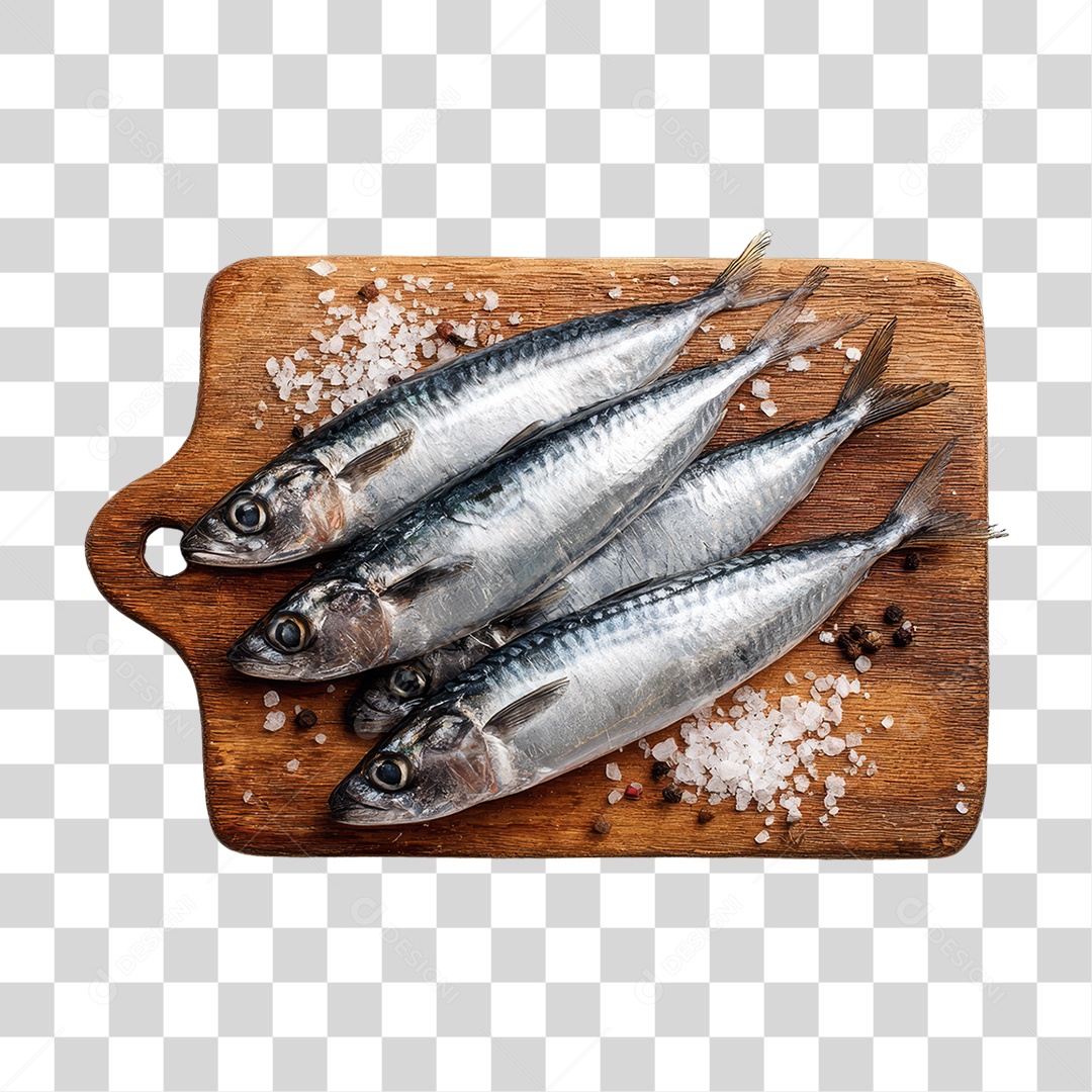 Peixe Sardinha em Tábua de Madeira PNG Transparente