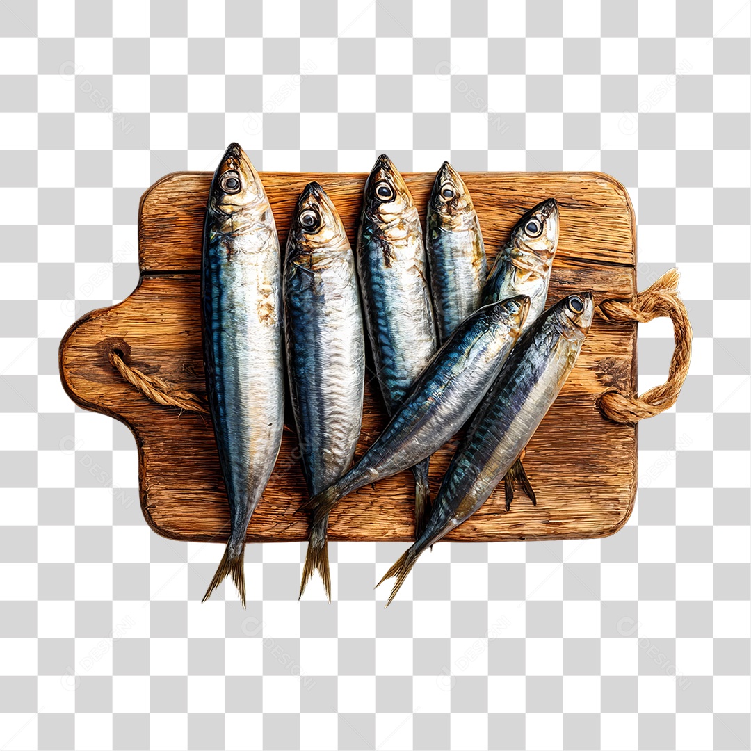 Peixe Sardinha em Tábua de Madeira PNG Transparente