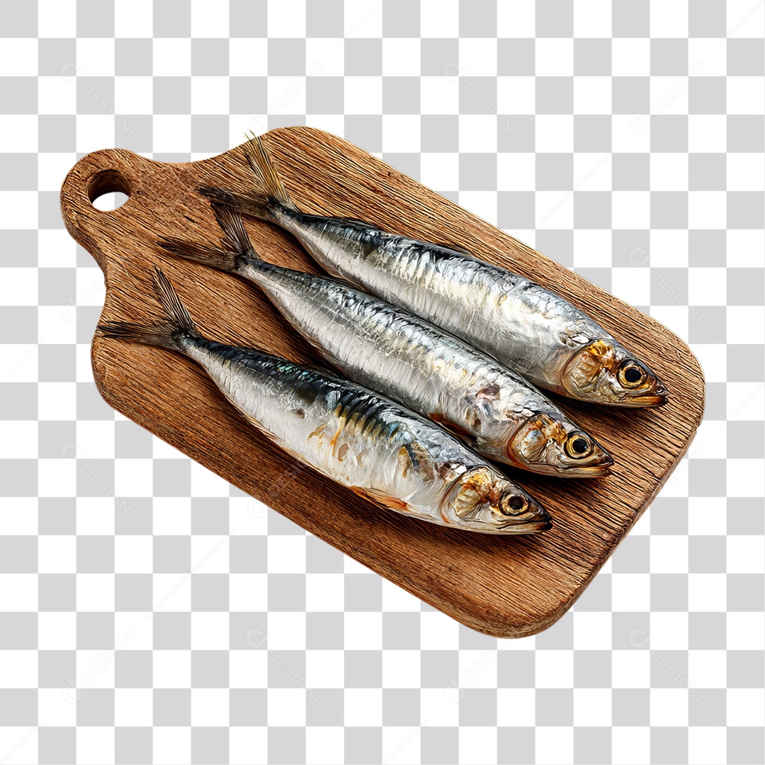 Peixe Sardinha em Tábua de Madeira PNG Transparente