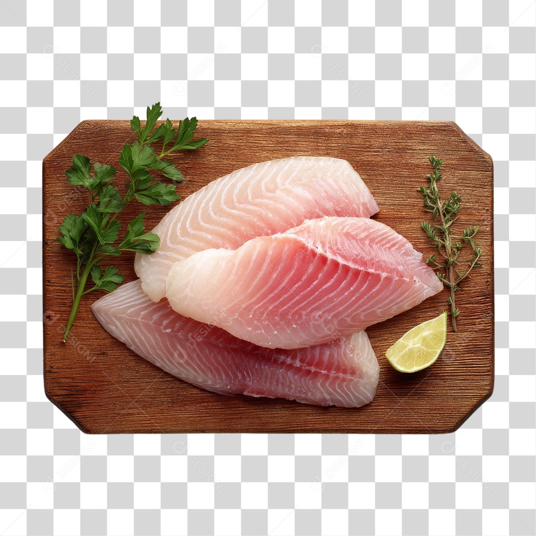 Filé de Tilápia em Tábua de Madeira PNG Transparente