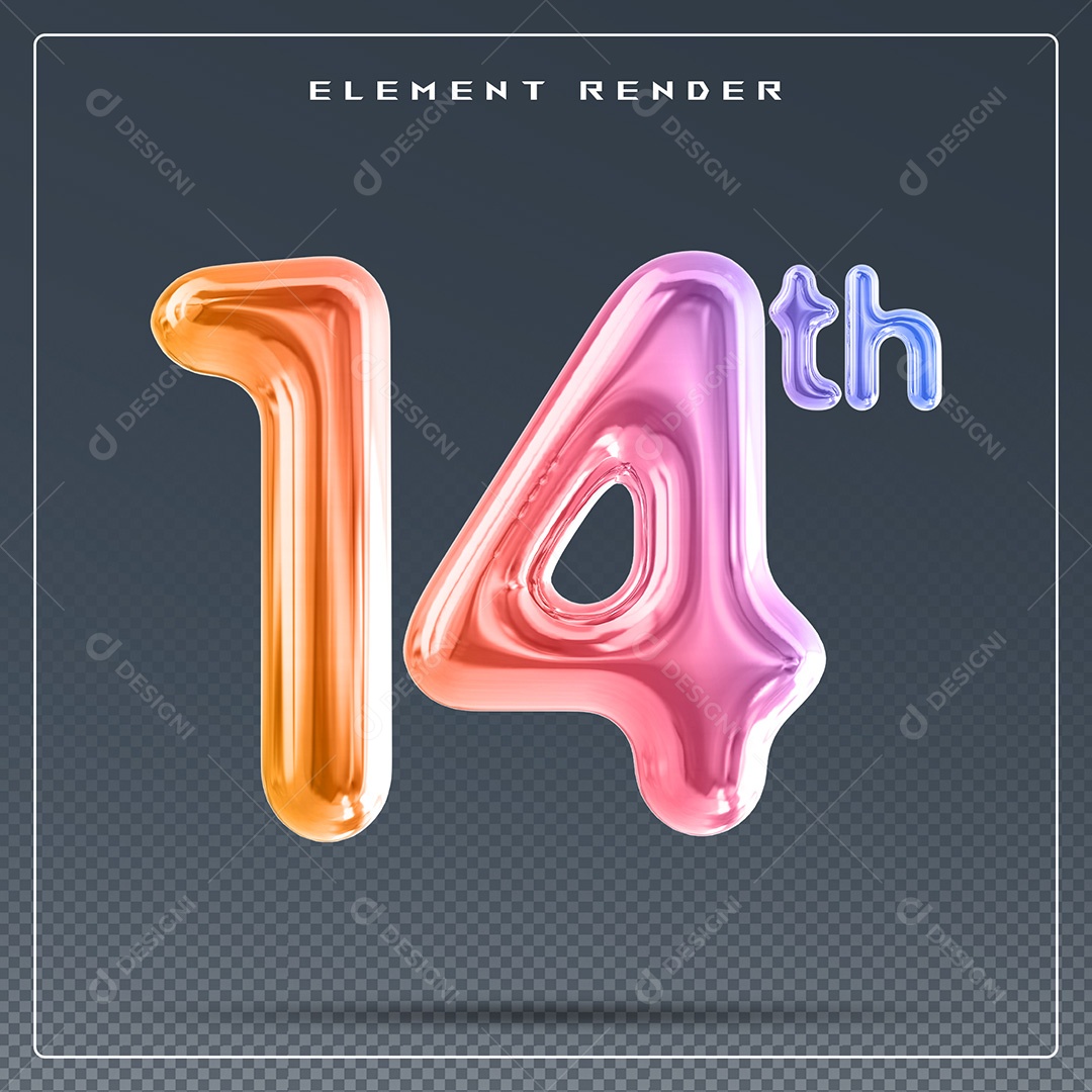 Elemento 3D Número 14 Th Colorido para Composição PSD