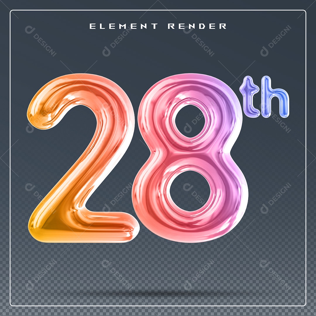 Elemento 3D Número 28 Th Colorido para Composição PSD