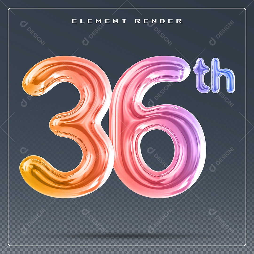 Elemento 3D Número 36 Th Colorido para Composição PSD