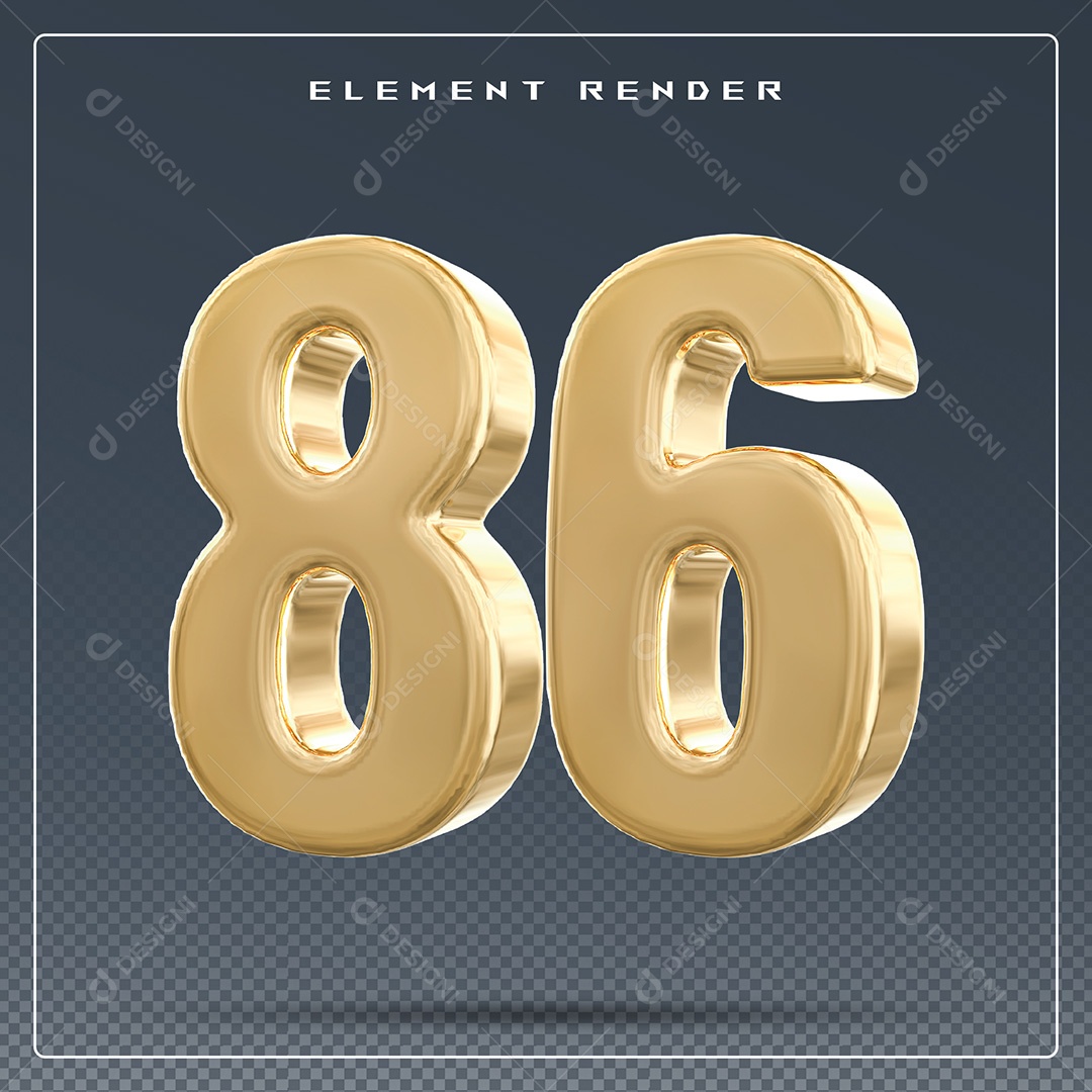 Elemento 3D Número 86 Dourado para Composição PSD