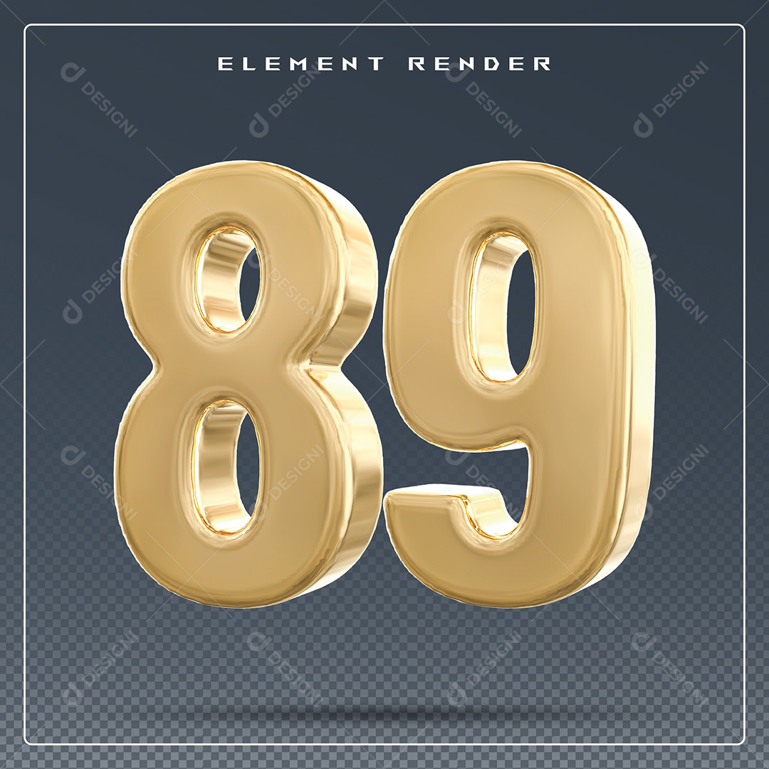 Elemento 3D Número 89 Dourado para Composição PSD