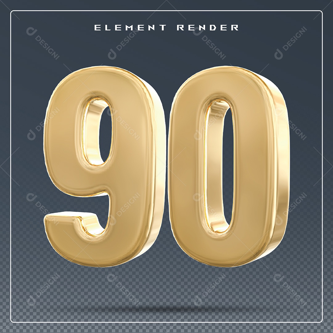 Elemento 3D Número 90 Dourado para Composição PSD