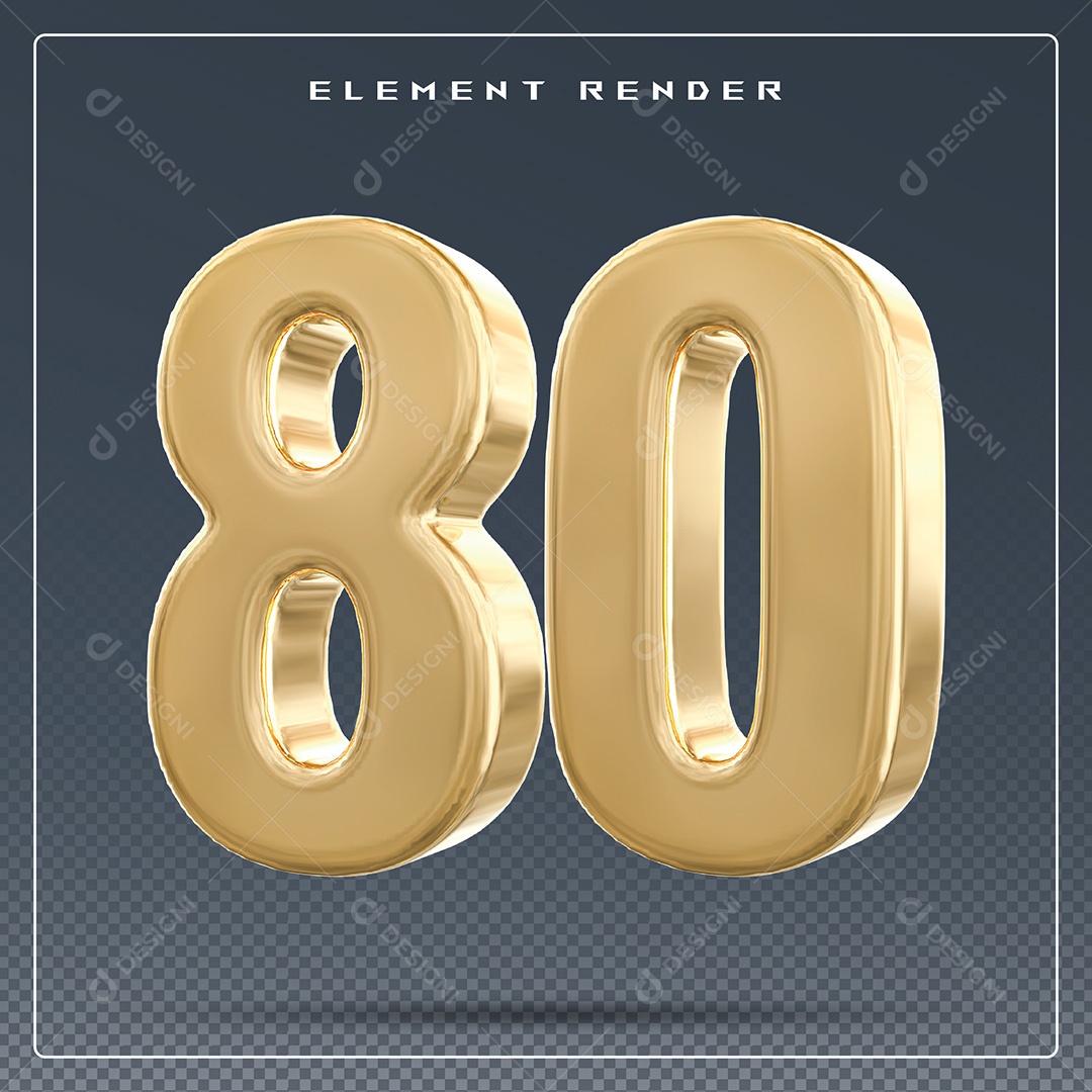 Elemento 3D Número 80 Dourado para Composição PSD