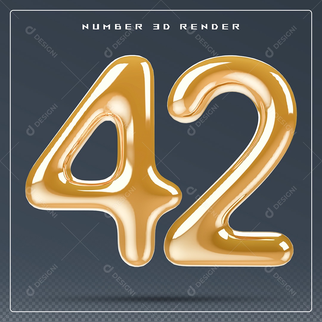 Elemento 3D Número 42 Dourado para Composição PSD