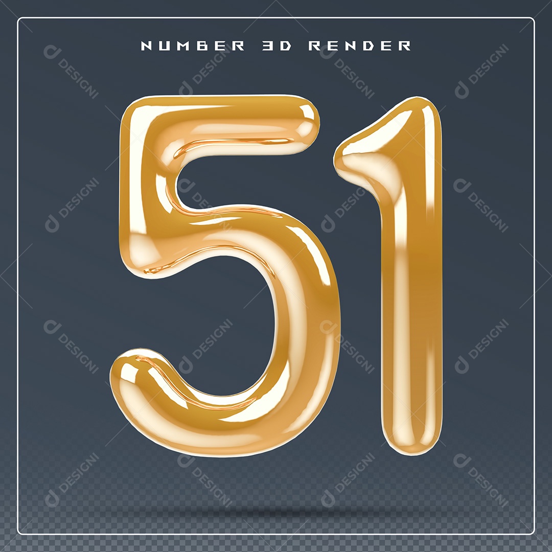 Elemento 3D Número 51 Dourado para Composição PSD