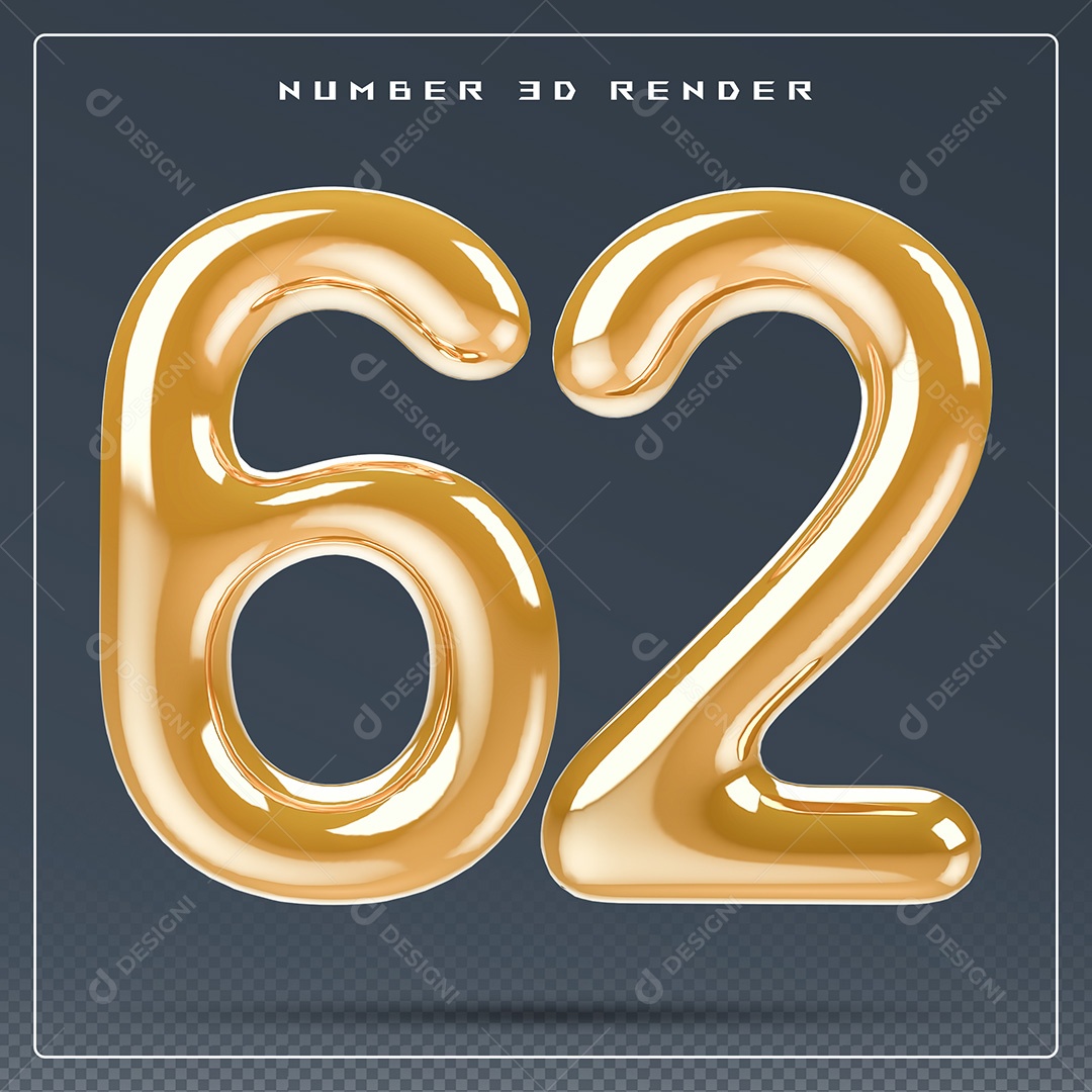 Elemento 3D Número 62 Dourado para Composição PSD
