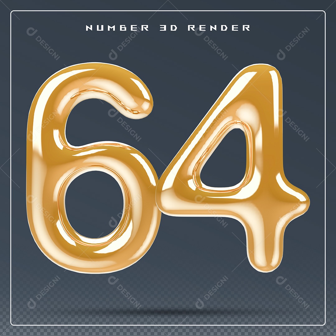 Elemento 3D Número 64 Dourado para Composição PSD