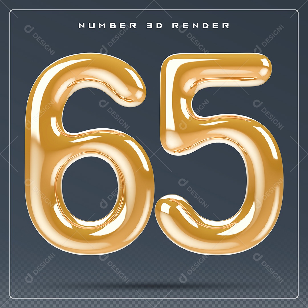 Elemento 3D Número 65 Dourado para Composição PSD