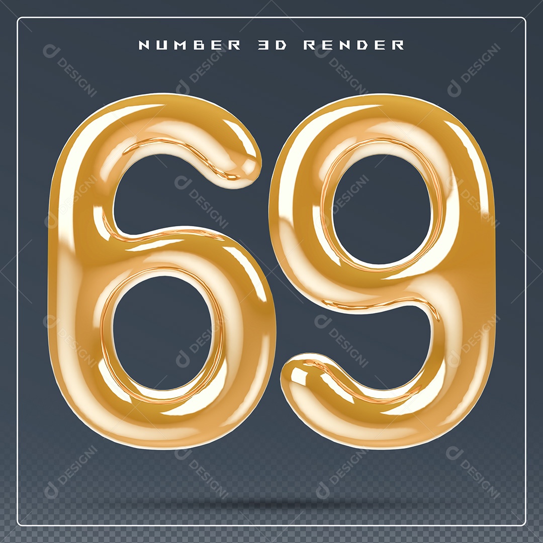 Elemento 3D Número 69 Dourado para Composição PSD