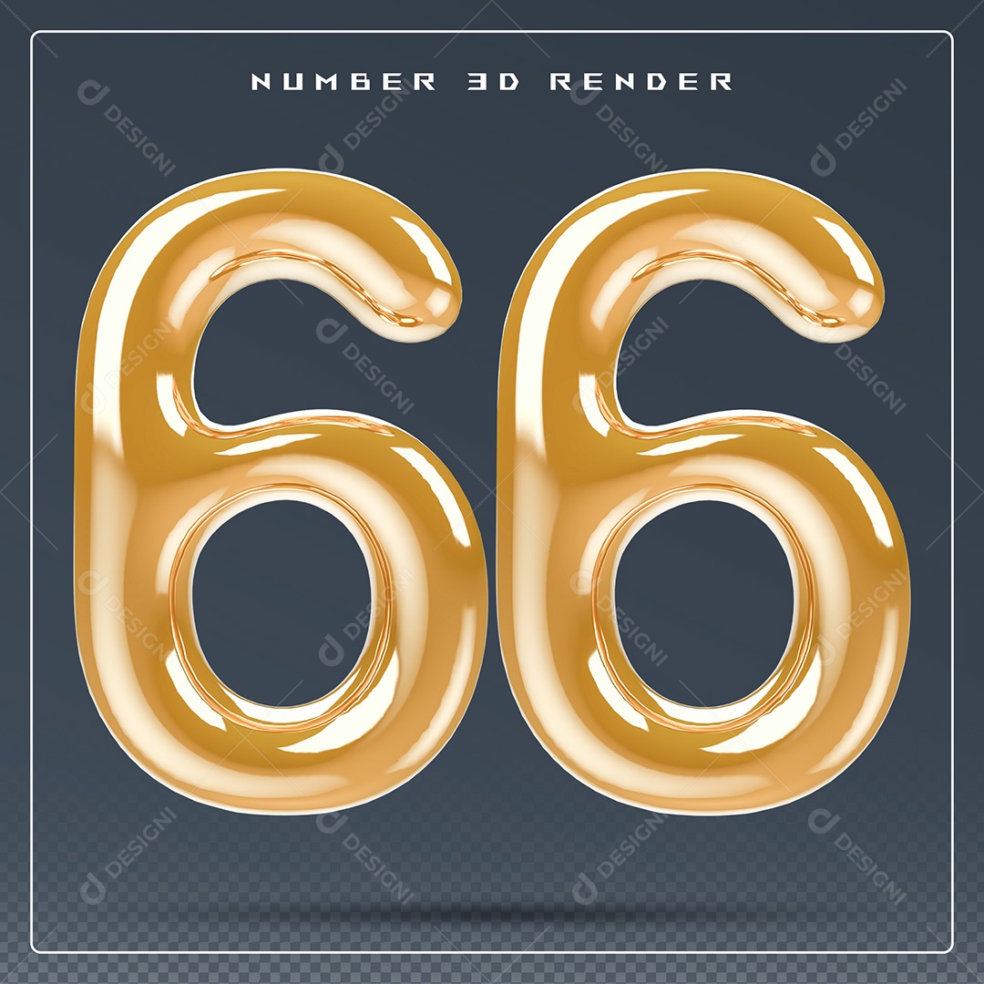 Elemento 3D Número 66 Dourado para Composição PSD