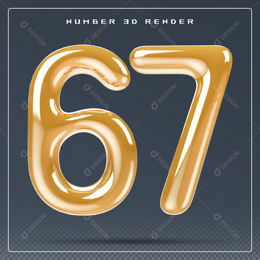 Elemento 3D Número 67 Dourado para Composição PSD