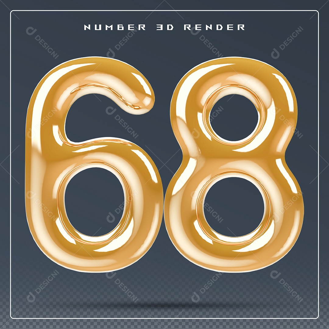 Elemento 3D Número 68 Dourado para Composição PSD