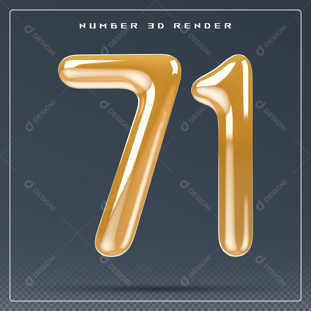 Elemento 3D Número 71 Dourado para Composição PSD