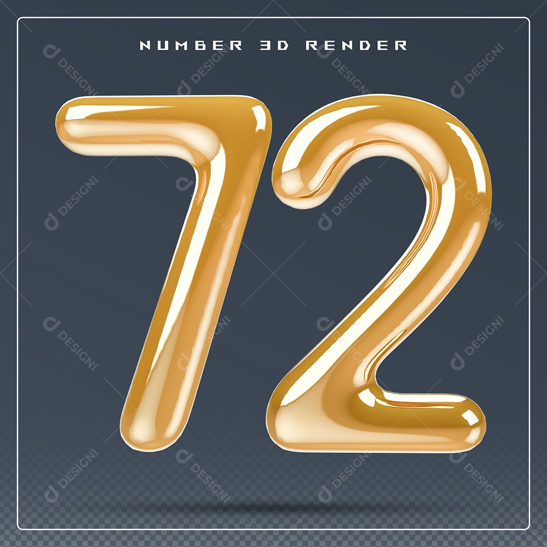 Elemento 3D Número 72 Dourado para Composição PSD