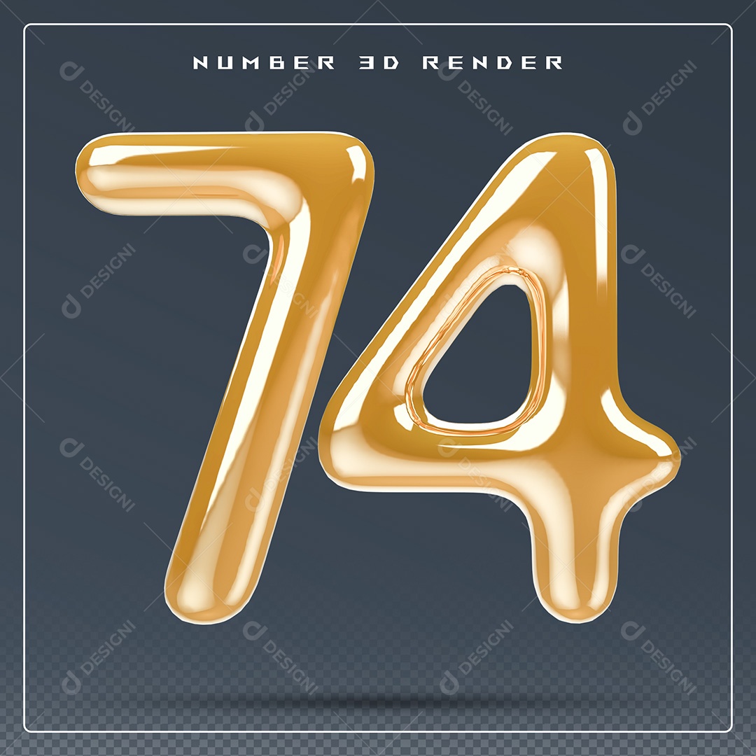 Elemento 3D Número 74 Dourado para Composição PSD