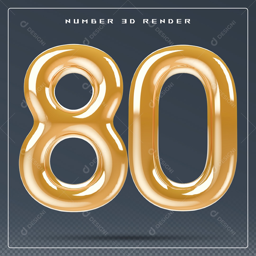 Elemento 3D Número 80 Dourado para Composição PSD
