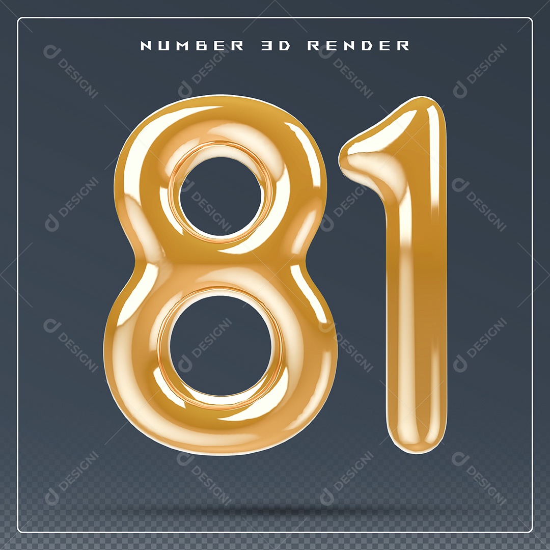 Elemento 3D Número 81 Dourado para Composição PSD
