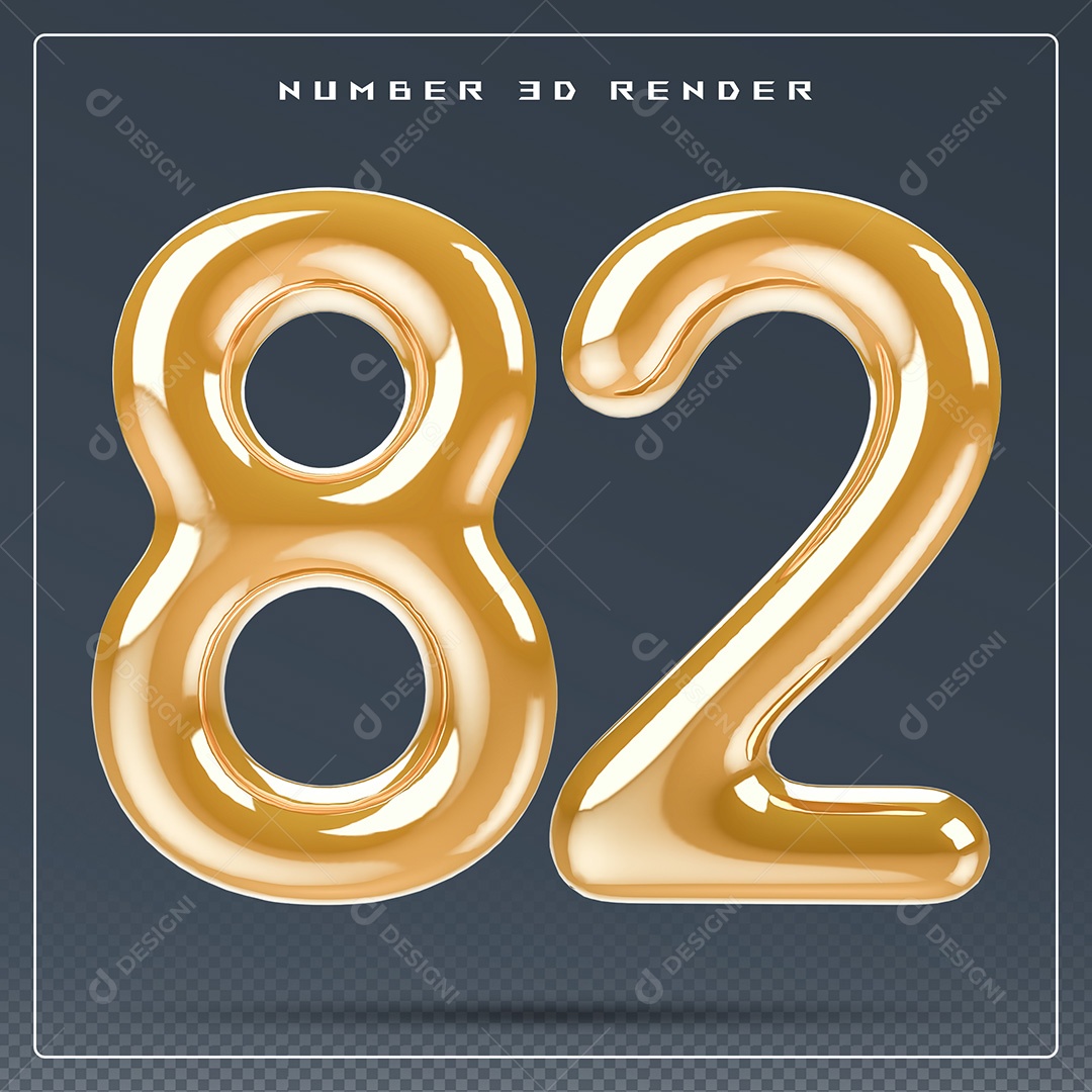 Elemento 3D Número 82 Dourado para Composição PSD