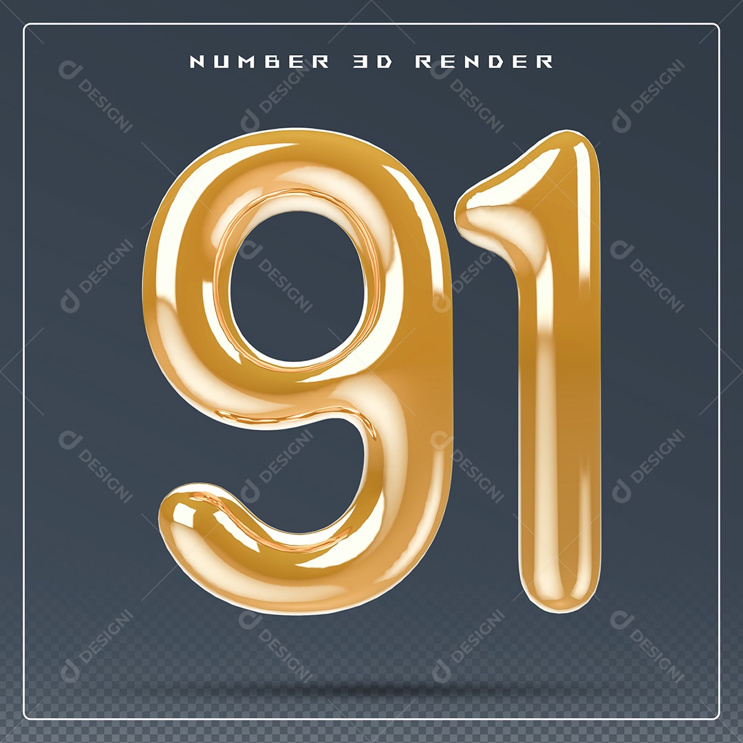 Elemento 3D Número 91 Dourado para Composição PSD