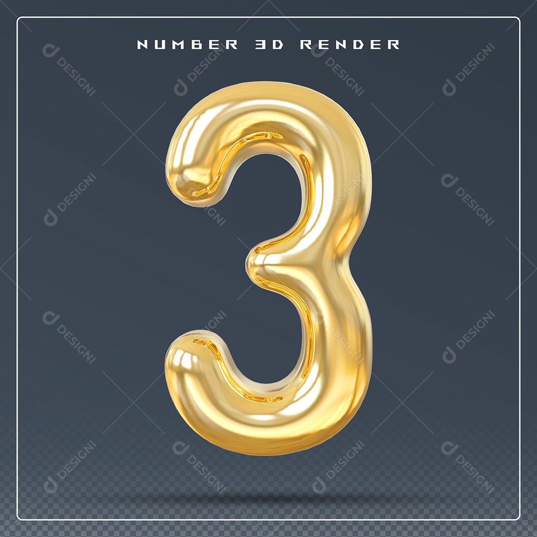 Elemento 3D Número 3 Dourado para Composição PSD