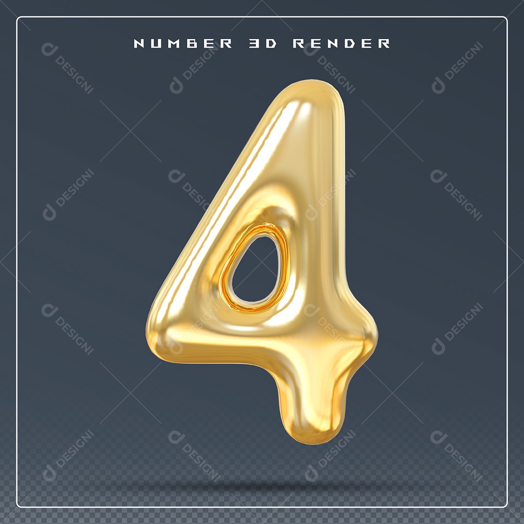 Elemento 3D Número 4 Dourado para Composição PSD