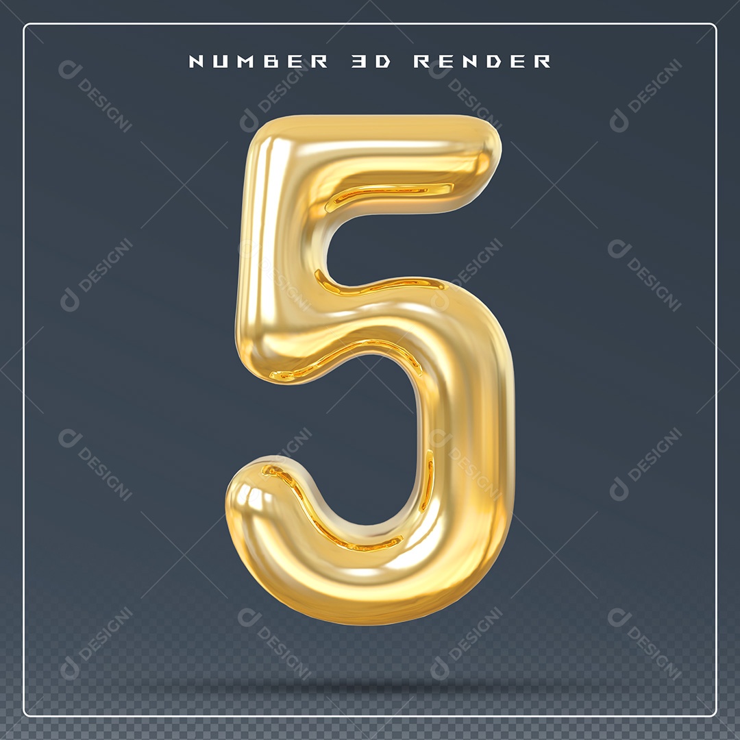 Elemento 3D Número 5 Dourado para Composição PSD