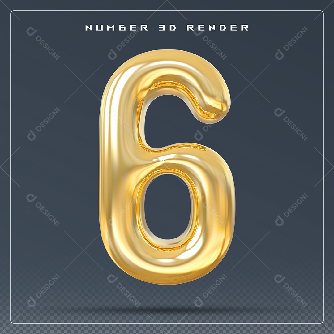 Elemento 3D Número 6 Dourado para Composição PSD