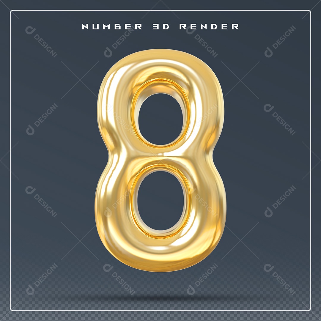 Elemento 3D Número 8 Dourado para Composição PSD