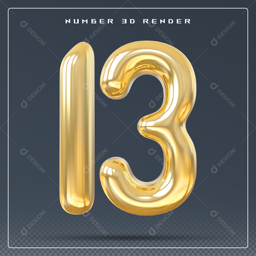 Elemento 3D Número 13 Dourado para Composição PSD