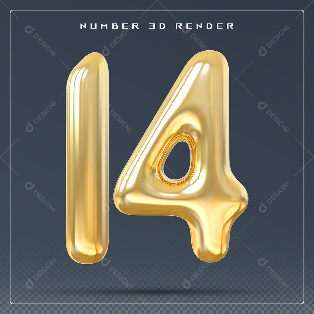 Elemento 3D Número 14 Dourado para Composição PSD