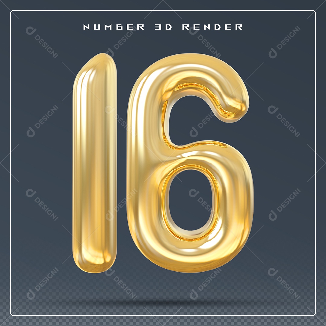 Elemento 3D Número 16 Dourado para Composição PSD