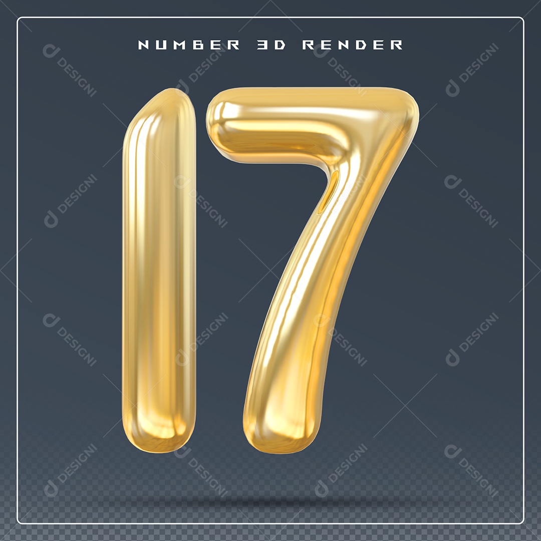 Elemento 3D Número 17 Dourado para Composição PSD