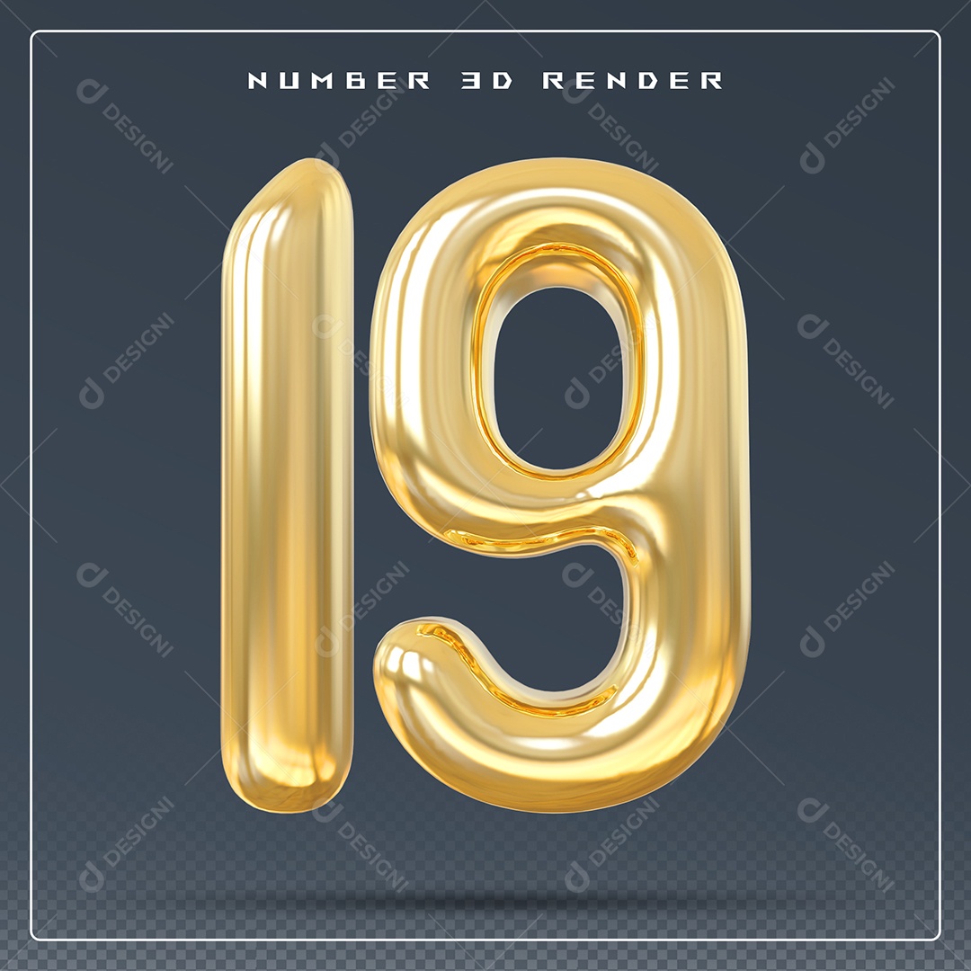 Elemento 3D Número 19 Dourado para Composição PSD