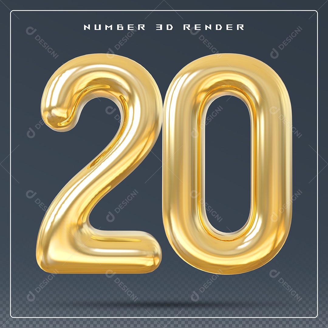Elemento 3D Número 20 Dourado para Composição PSD
