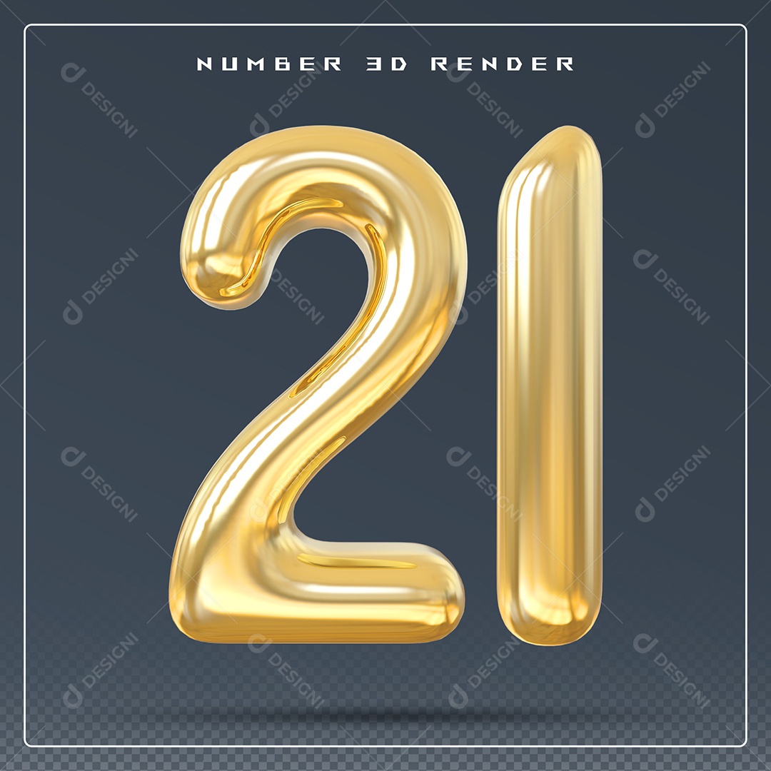 Elemento 3D Número 21 Dourado para Composição PSD