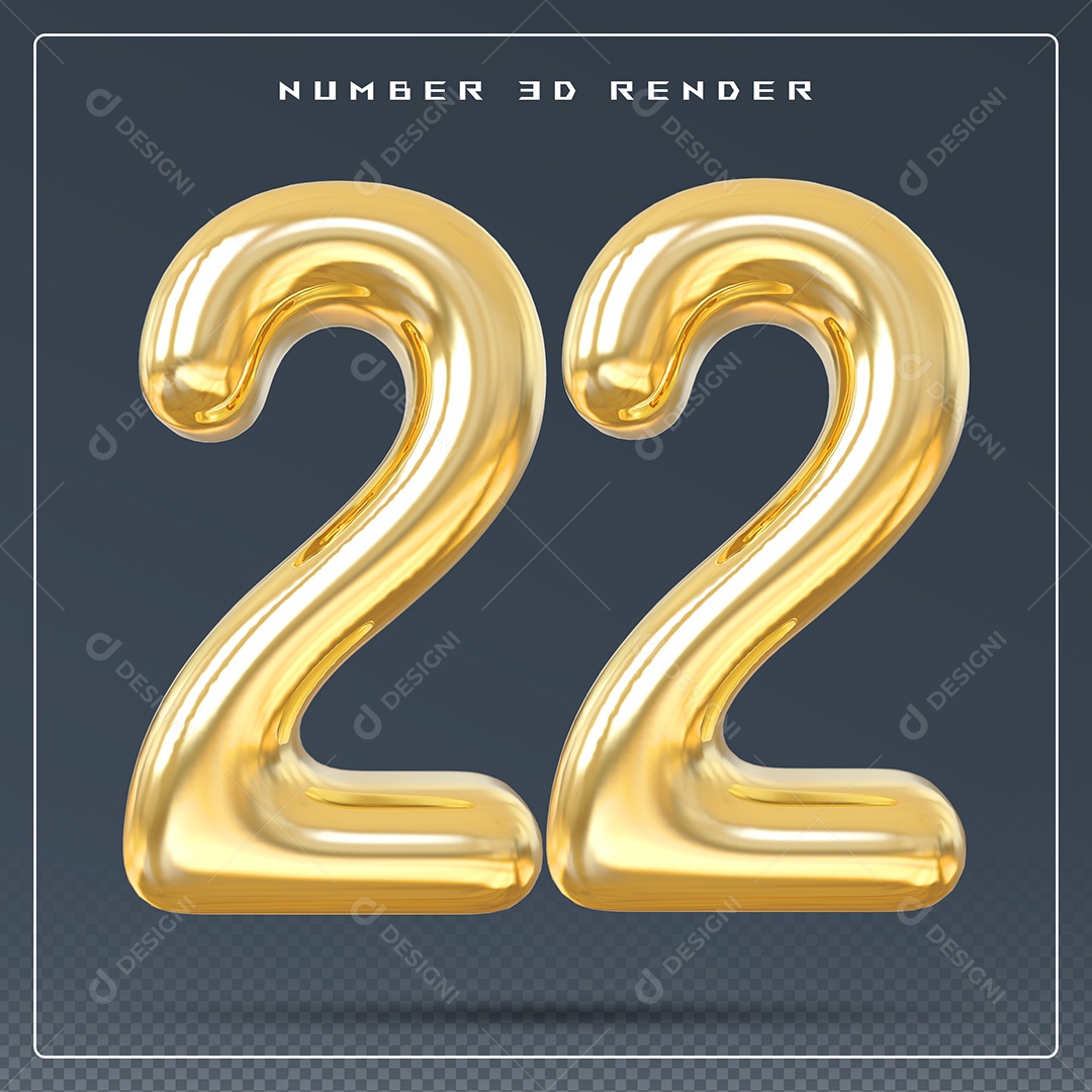 Elemento 3D Número 22 Dourado para Composição PSD