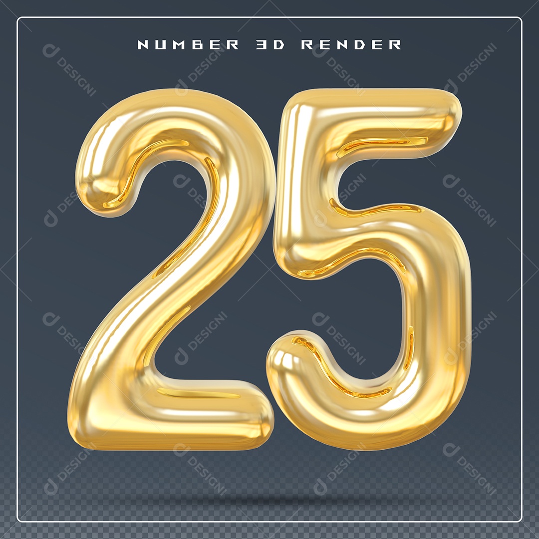 Elemento 3D Número 25 Dourado para Composição PSD